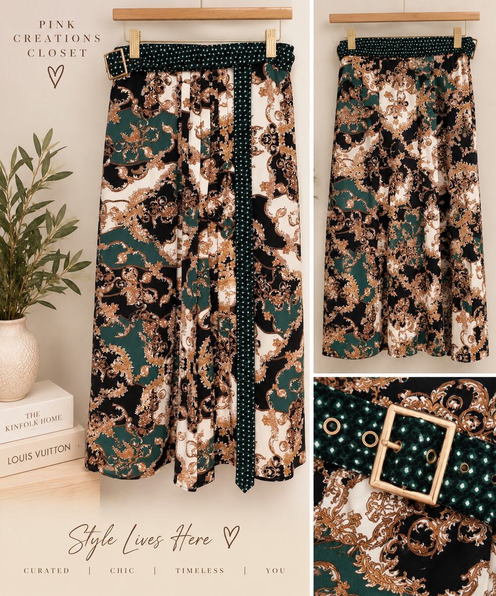 Emerald Green Baroque Print Midi Skirt with Statement Belt